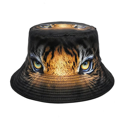 Tiger print bucket hat with dome crown on a neutral background