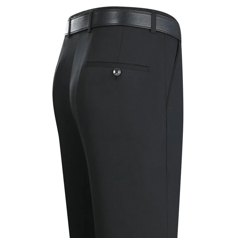 Men's dark blue high-waisted straight-leg non-ironing trousers made from a silk blend fabric.