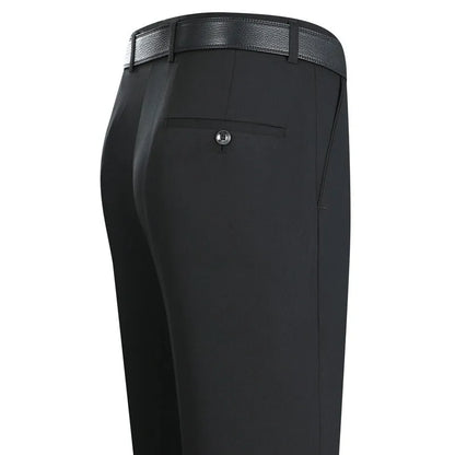 Men's dark blue high-waisted straight-leg non-ironing trousers made from a silk blend fabric.