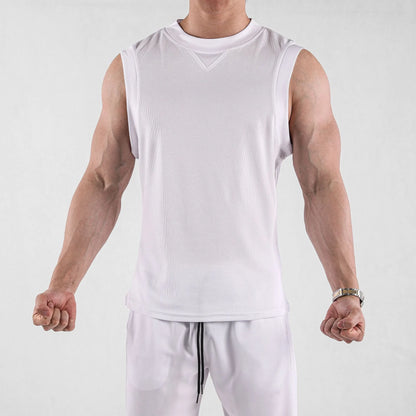 Men's black loose fit polyester fitness vest for summer sports on a white background