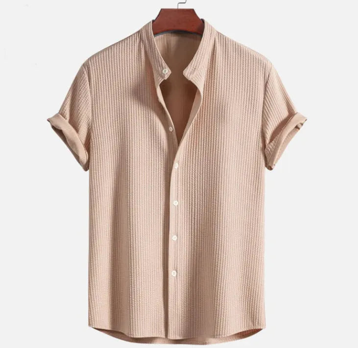 Men's loose short sleeve shirt in polyester, available in colours like wine red and navy blue, sizes S to 4XL