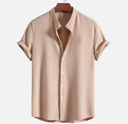 Men's loose short sleeve shirt in polyester, available in colours like wine red and navy blue, sizes S to 4XL