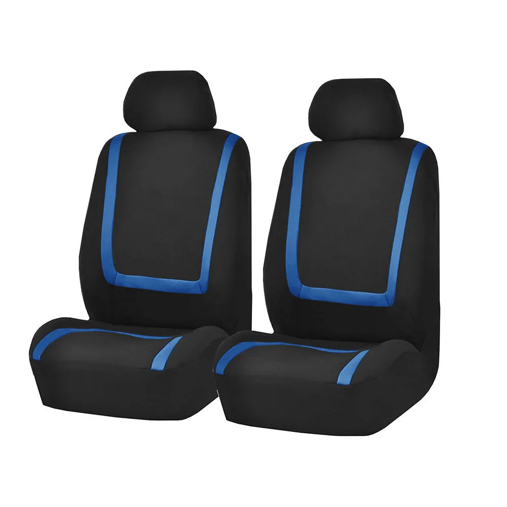 Fully enclosed fabric car seat cover set showing front and rear seat protection in a beige and black colour combination.