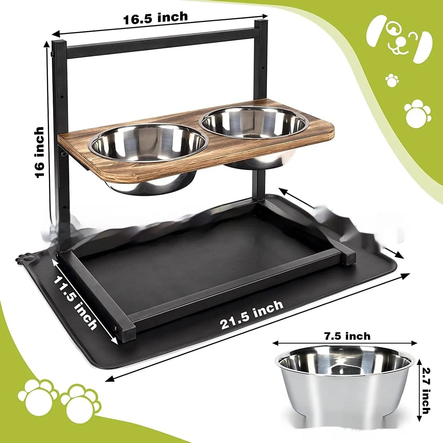 Black iron elevated dog food and water bowl stand with rack, 42 cm long by 40 cm high.