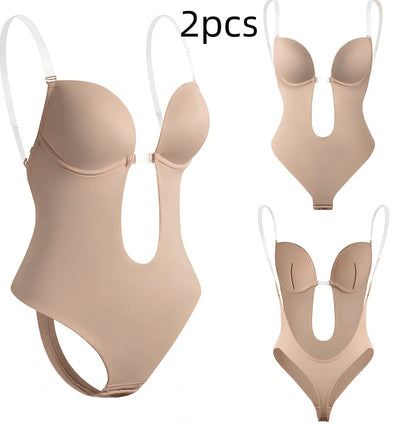 Black spandex body shaping dress with deep V back design and stomach compression