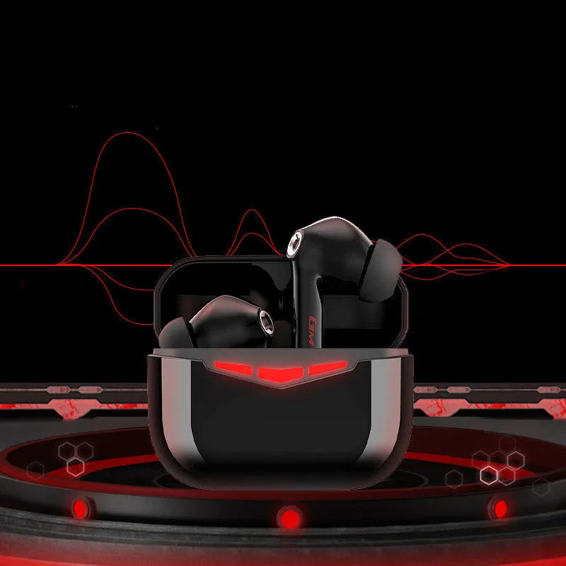 True wireless gaming Bluetooth headset with black earpieces, charging case, and three sizes of silicone earmuffs displayed