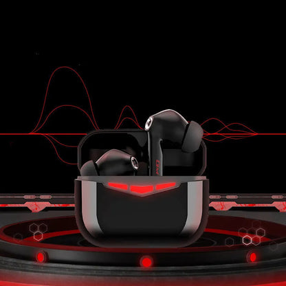 True wireless gaming Bluetooth headset with black earpieces, charging case, and three sizes of silicone earmuffs displayed