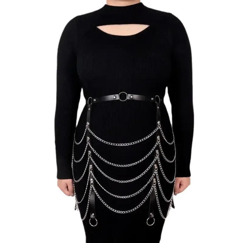 Black PU leather bandage-style waist chain clothing ornament for women