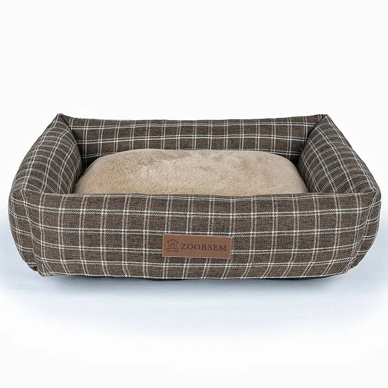 Grey linen fabric square dog bed measuring 60x50cm on a wooden floor