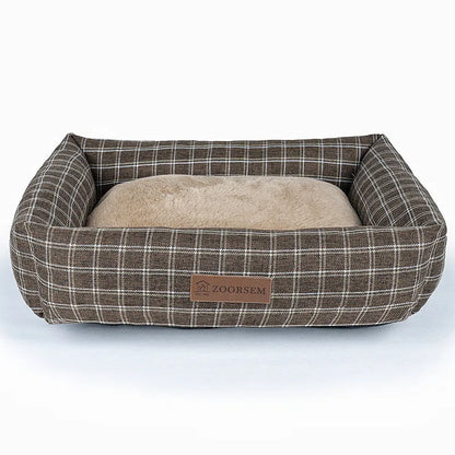 Grey linen fabric square dog bed measuring 60x50cm on a wooden floor