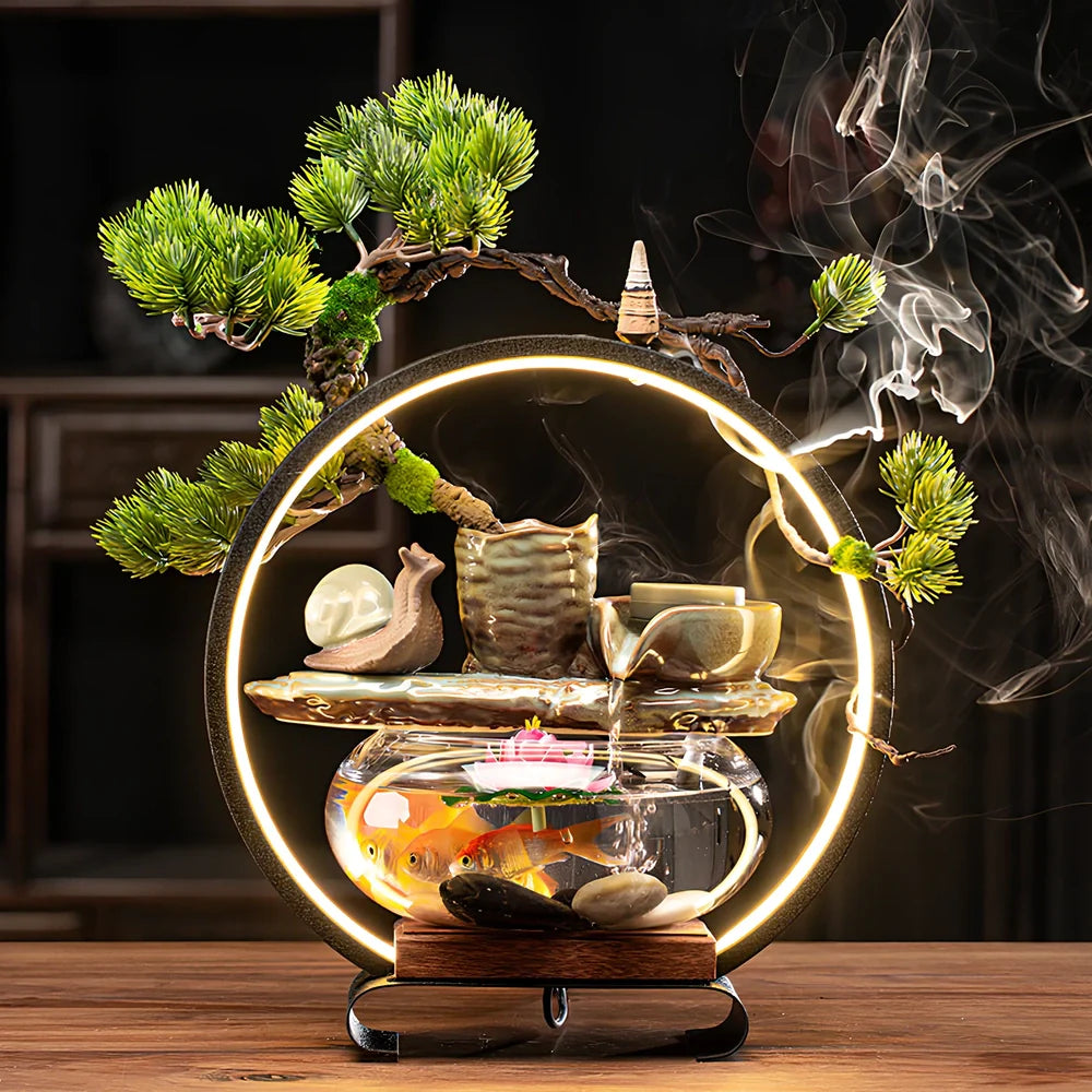 Ceramic water fountain fish tank lamp with stone mill design and integrated LED lighting