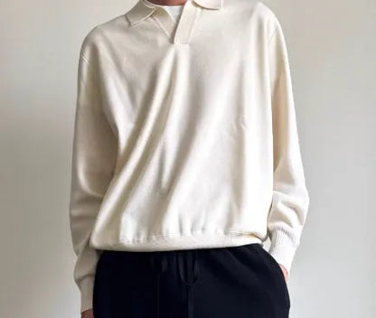 Old Money Style pure wool polo sweater with lapel collar and long sleeves in milky white or navy blue, loose fit