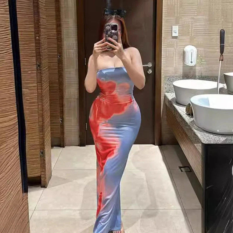 Versatile slit maxi dress in vibrant contrast colors, perfect for summer parties and beach outings