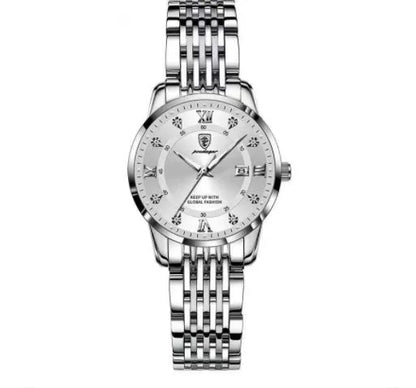 Men's Seiko quartz watch with 43mm round dial, stainless steel strap, 50m water resistance, luminous calendar, sapphire crystal glass