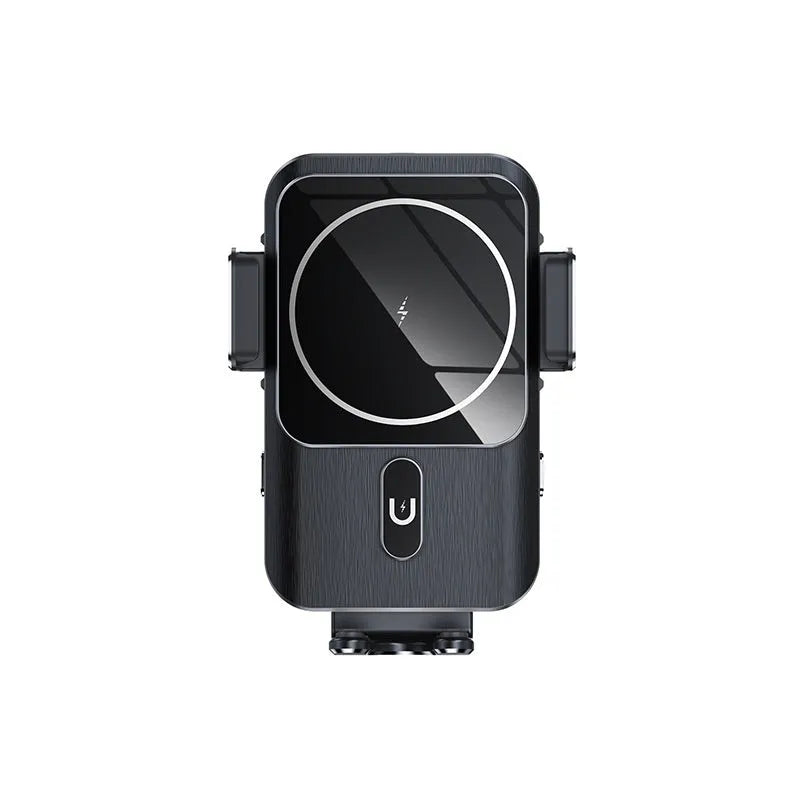 Car wireless phone charger holder with 15W fast charging in black, showing suction cup and clip mounting options
