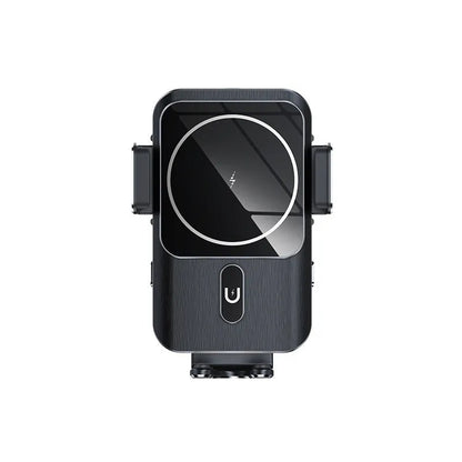 Car wireless phone charger holder with 15W fast charging in black, showing suction cup and clip mounting options