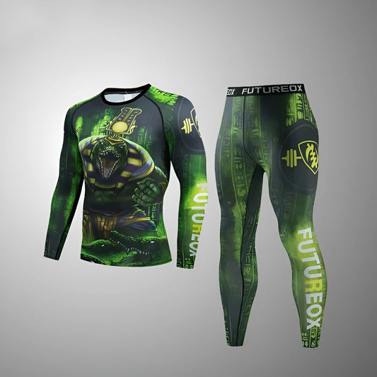 Men's printed slim-fit sports suit top and trousers for running and gym workouts