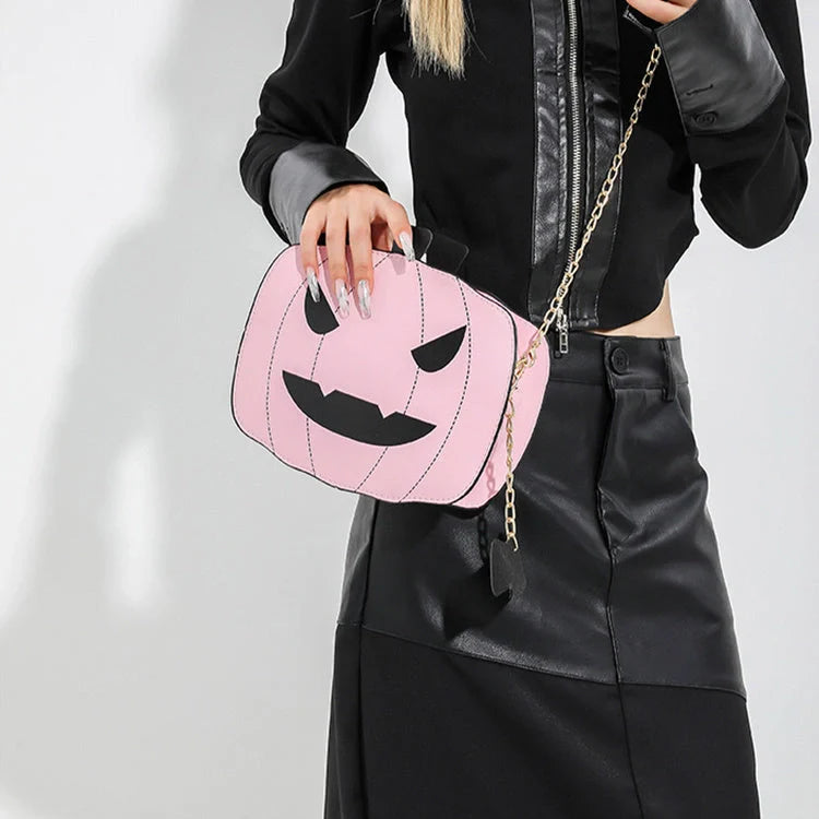 Halloween Cartoon Pumpkin Shoulder Bag in various colors with adjustable chain strap