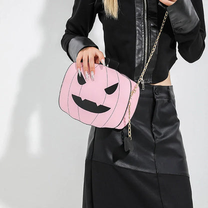 Halloween Cartoon Pumpkin Shoulder Bag in various colors with adjustable chain strap