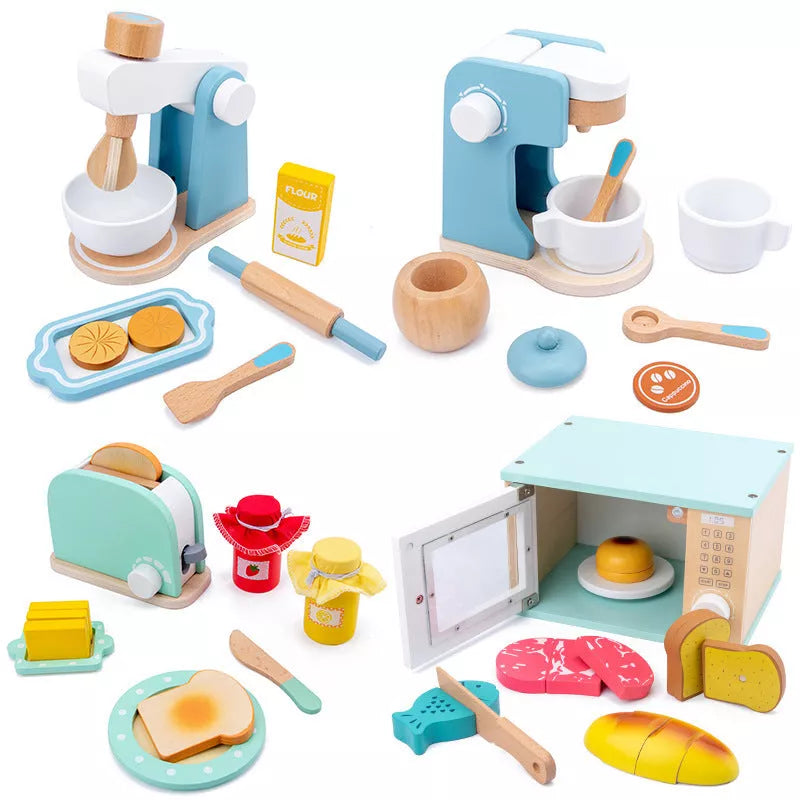 Wooden children's playhouse toys with Maca Dragon design, including kitchen-themed pieces for imaginative play
