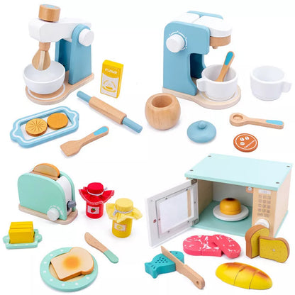 Wooden children's playhouse toys with Maca Dragon design, including kitchen-themed pieces for imaginative play