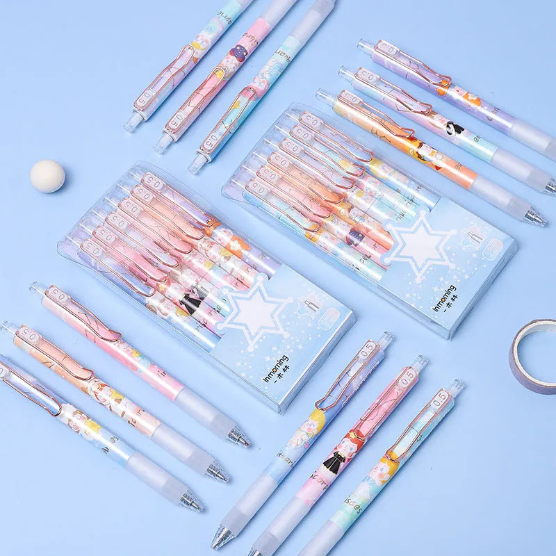Set of six constellation-themed press gel pens with 0.5mm tips in two cartoon style choices.