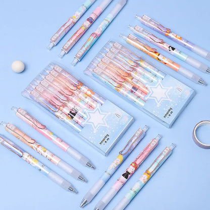 Set of six constellation-themed press gel pens with 0.5mm tips in two cartoon style choices.