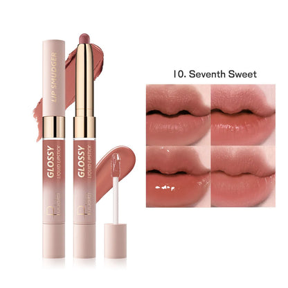 Double-headed lipstick and lip gloss case showing two applicators in 10 colour shades