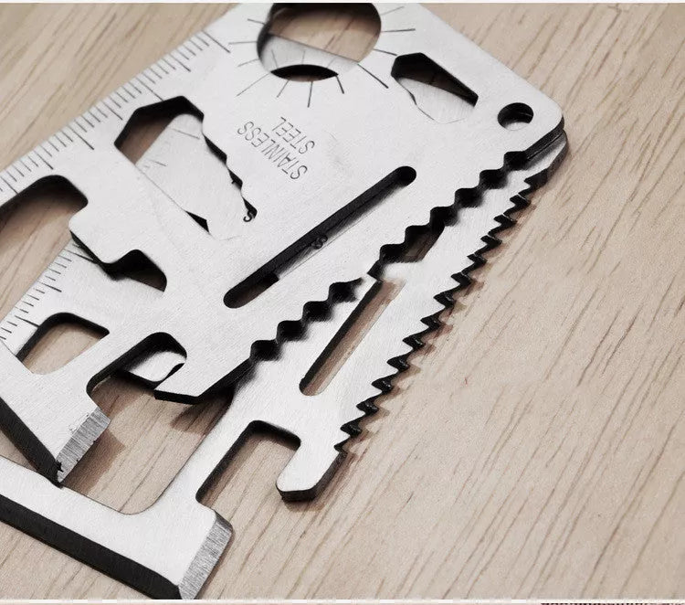 Stainless steel multifunctional tool card with leather cover for outdoor camping