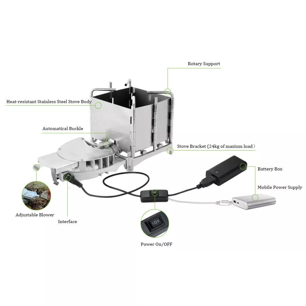 Portable stainless steel wood stove for camping with grill, compact and lightweight design