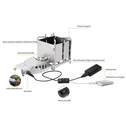 Portable stainless steel wood stove for camping with grill, compact and lightweight design