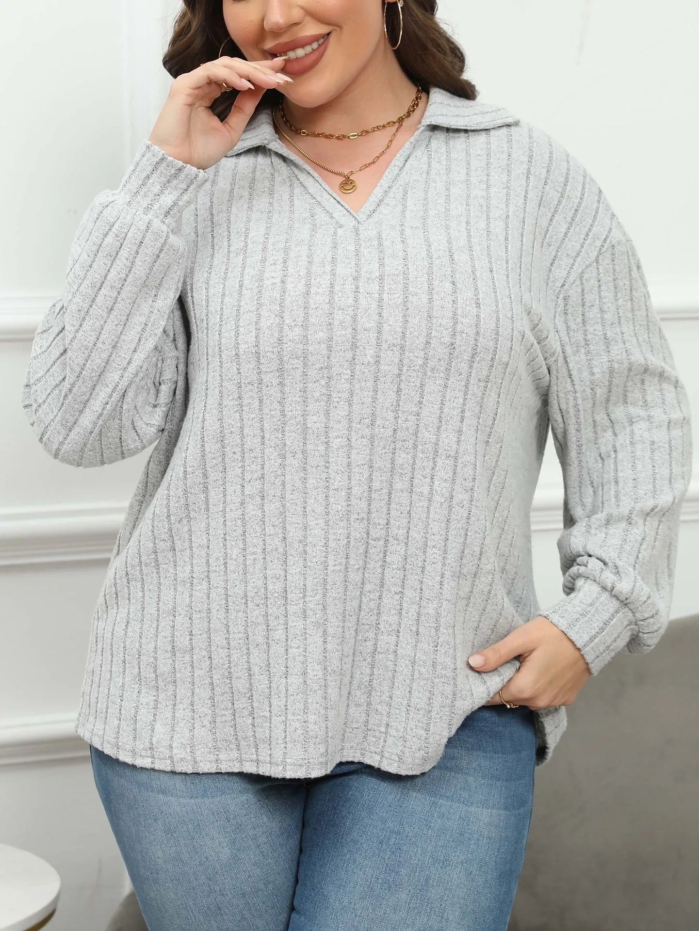 Women's plus size polo collar shirt in melange gray with lantern sleeves and street fashion Gothic style
