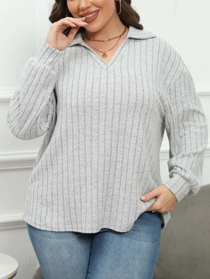 Women's plus size polo collar shirt in melange gray with lantern sleeves and street fashion Gothic style