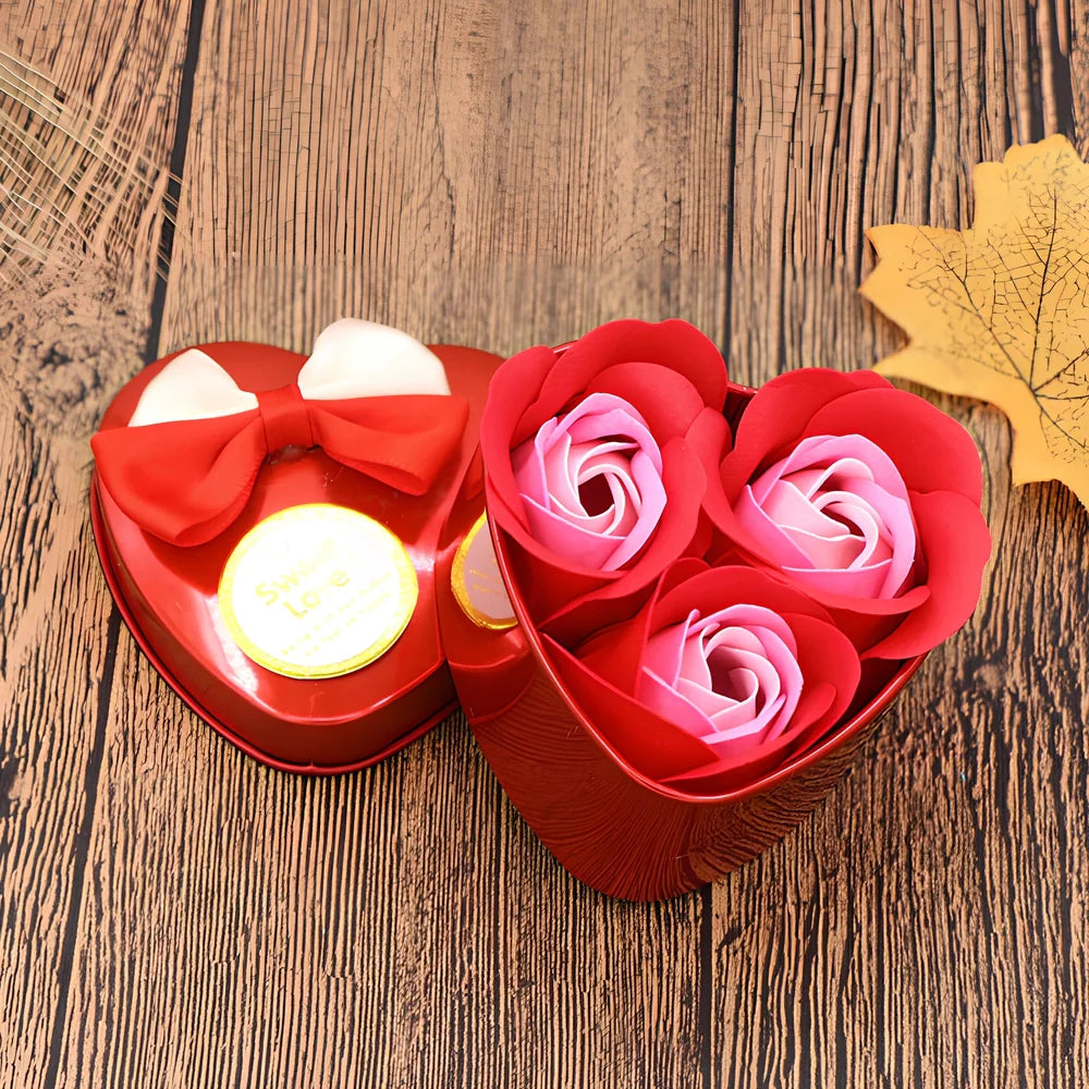 Handmade soap flower gift box in red heart-shaped tin with three blooms and bear, 12x12x5 cm for Valentine's Day