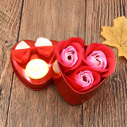 Handmade soap flower gift box in red heart-shaped tin with three blooms and bear, 12x12x5 cm for Valentine's Day