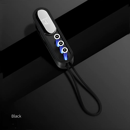 Black, white, and red magnetic three-in-one USB charging cable with a length of 0.4 metres.
