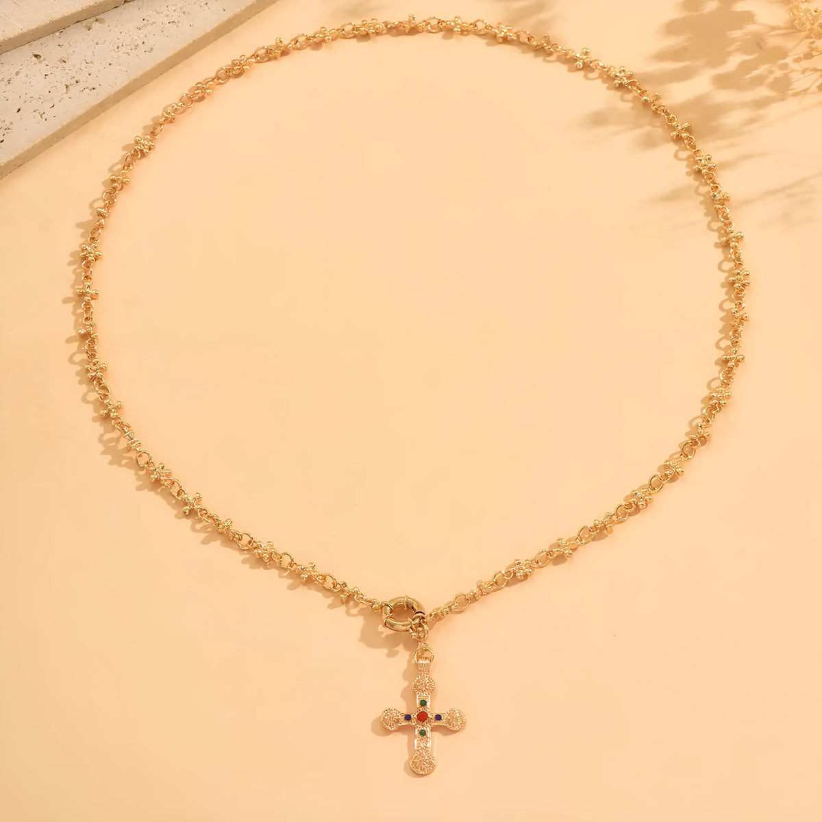Rhinestone Y-shaped cross pendant necklace in gold or white K with electroplated alloy regular chain