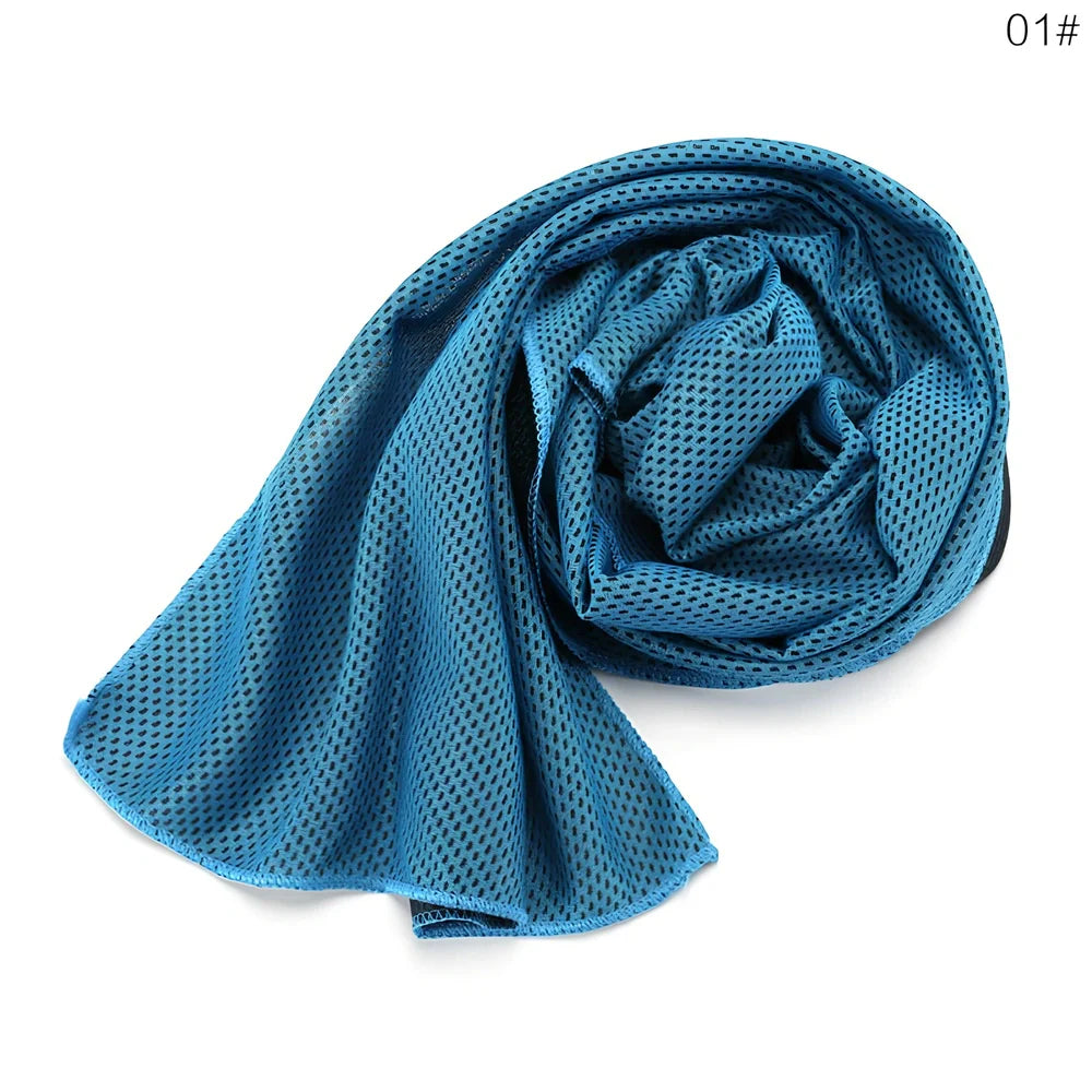 Microfiber cooling towel in blue, 30x90 cm size, for instant chill during gym and running with UPF 50 protection