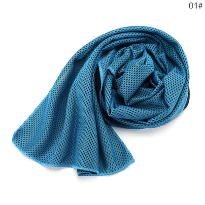 Microfiber cooling towel in blue, 30x90 cm size, for instant chill during gym and running with UPF 50 protection