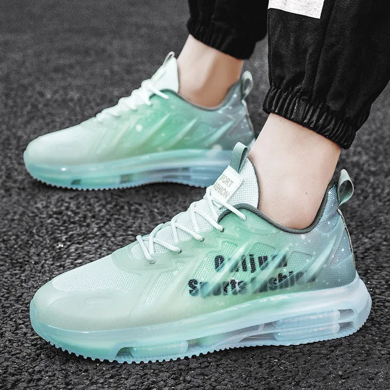 Men's black and green platform running shoes with mesh upper and rubber sole, showing lace-up design and 3-5cm heel height