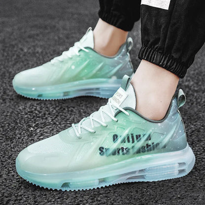 Men's black and green platform running shoes with mesh upper and rubber sole, showing lace-up design and 3-5cm heel height