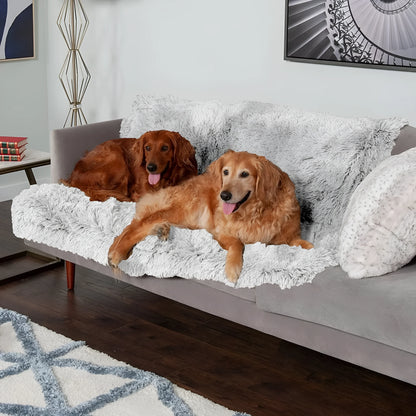 Grey plush waterproof dog cushion showing double-layer construction and rectangular shape