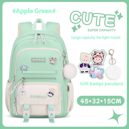 Pink waterproof Oxford cloth school backpack for girls with curved shoulder straps, shown with matching pencil case.