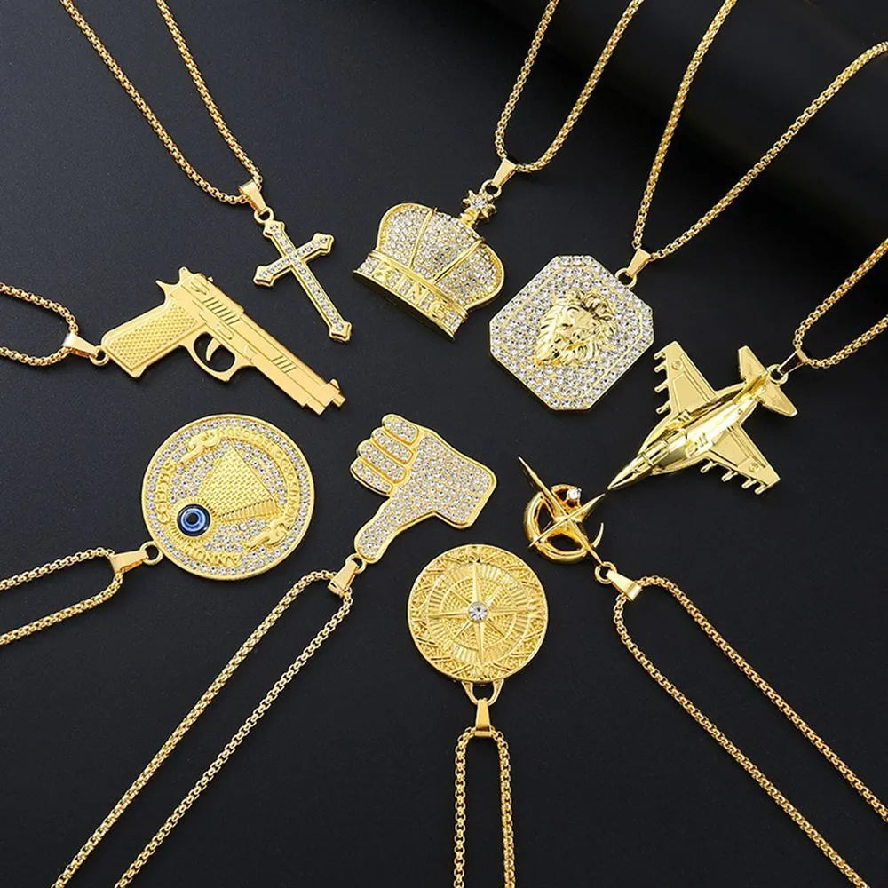Gold tone geometric alloy necklace with a central square zircon stone pendant on a chain.
