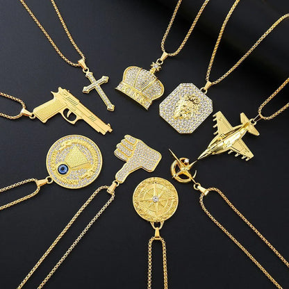 Gold tone geometric alloy necklace with a central square zircon stone pendant on a chain.