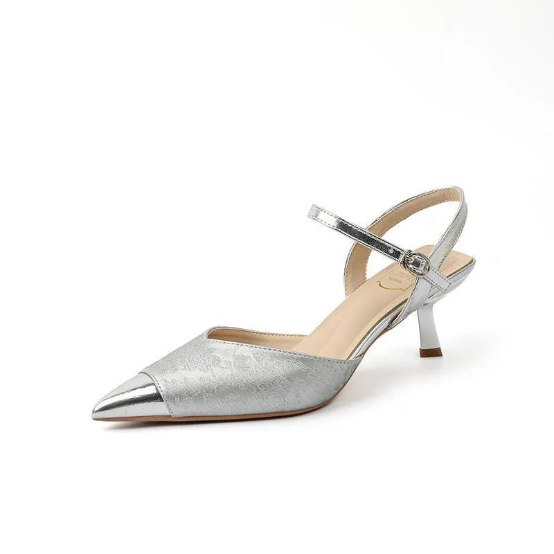 Women's genuine leather pointed toe sandals with 6CM block heel in green, apricot, black, or silver
