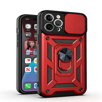 Sergeant sliding window magnetic phone case for iPhone in black, showing the integrated stand extended.