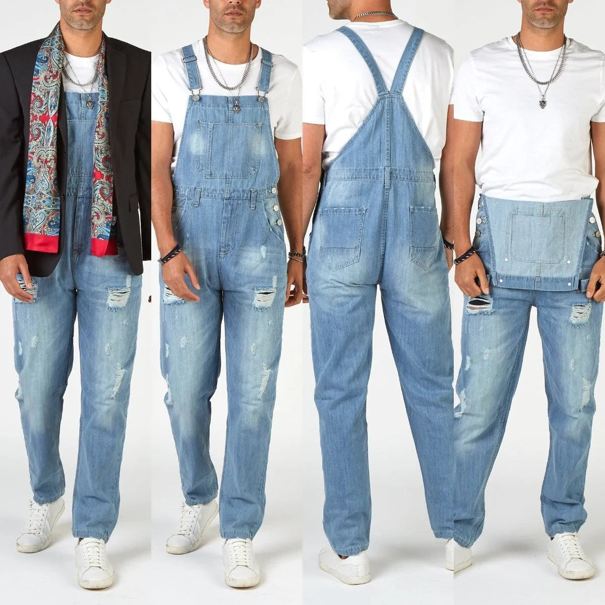 Light blue men's suspender jeans with ripped detailing and straight leg cut