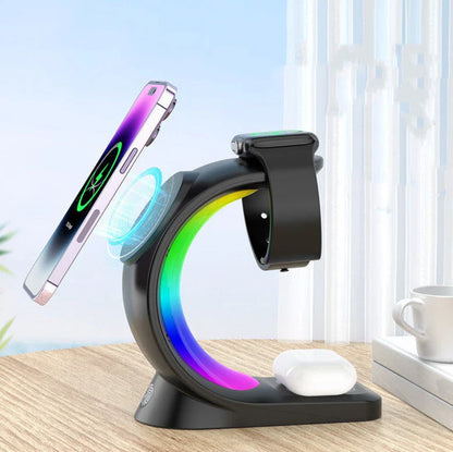 4-in-1 Magnetic Wireless Charging Station with RGB Atmosphere Light, Compatible with Smartphones, AirPods, and Apple Watch