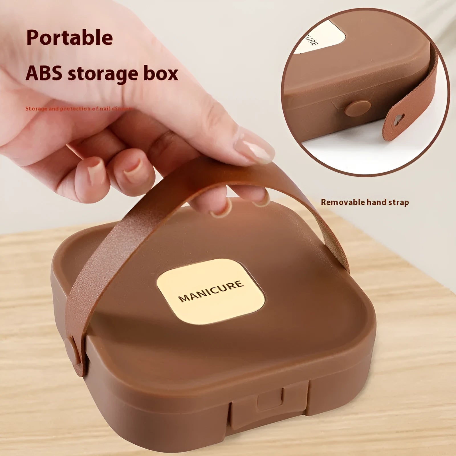 Anti-splash portable nail maintenance kit with stainless steel tools in brown plastic case